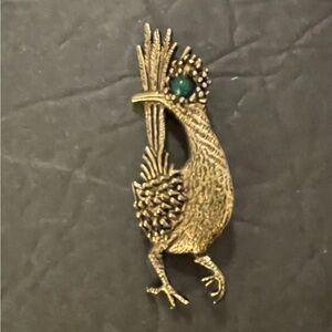 Vintage Roadrunner Brooch Ambassador Gold Tone Green Eye 2.25"
